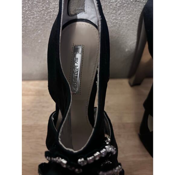 H by Halston Black Satin Rhinestone Platform Heels 7M Silver Tone 5.5” Open Toe - Picture 7 of 16